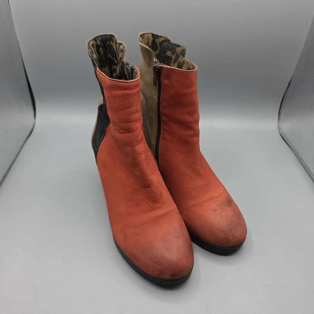Fly London Booties Womens 39‎ Red Orange Brown Leather Distressed Wedge Zipper